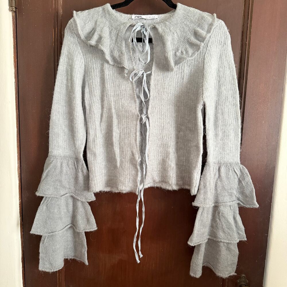 ZARA Gray Alpaca Ruffle neck Bell Sleeve Tie Front Cardigan Sweater Small Fairy